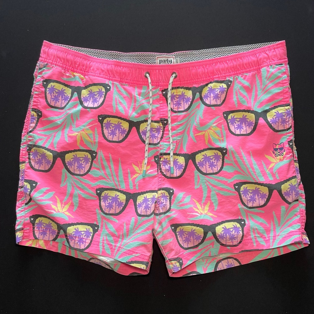 Party Pants Swim Trunks Mens XX-Large Pink‎ Tropical Sunglasses Aloha Shorts